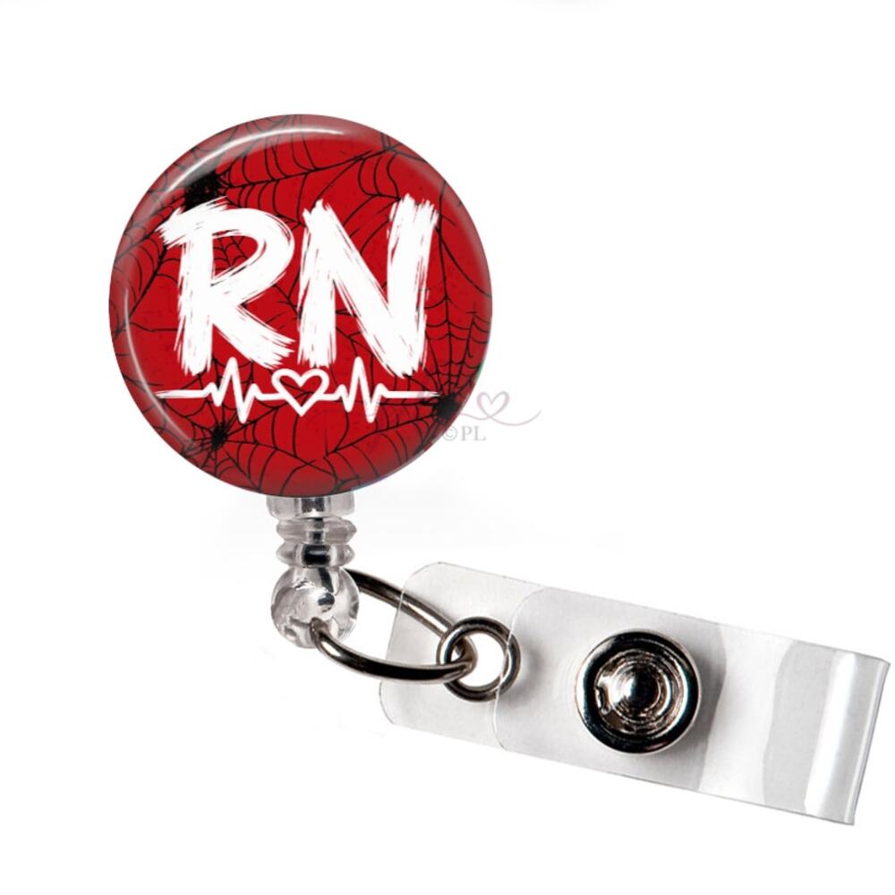 RN Badge Reel Registered Nurse Halloween Spider Web Heartbeat ID Holder Gift